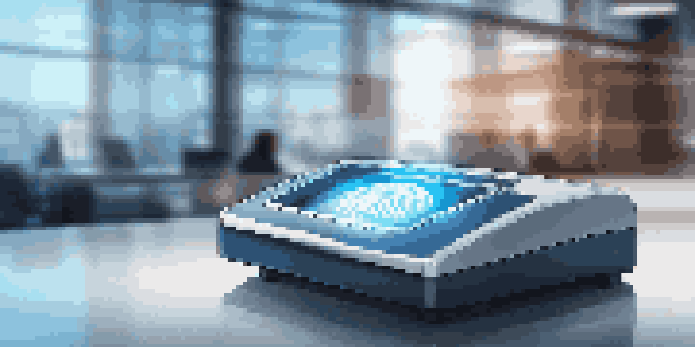 A high-tech fingerprint scanner in a modern office, with a person's finger reflected on the scanner's glass surface.