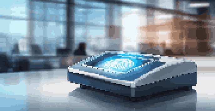 A high-tech fingerprint scanner in a modern office, with a person's finger reflected on the scanner's glass surface.