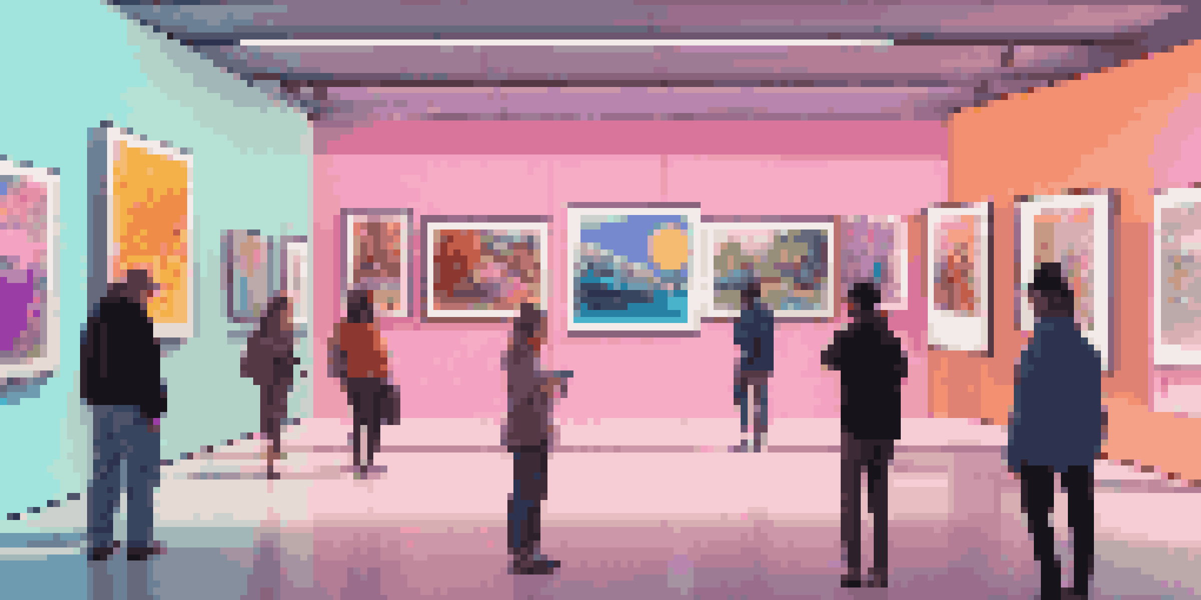 A digital art gallery filled with various unique NFTs displayed under soft spotlights, with art enthusiasts observing the pieces.