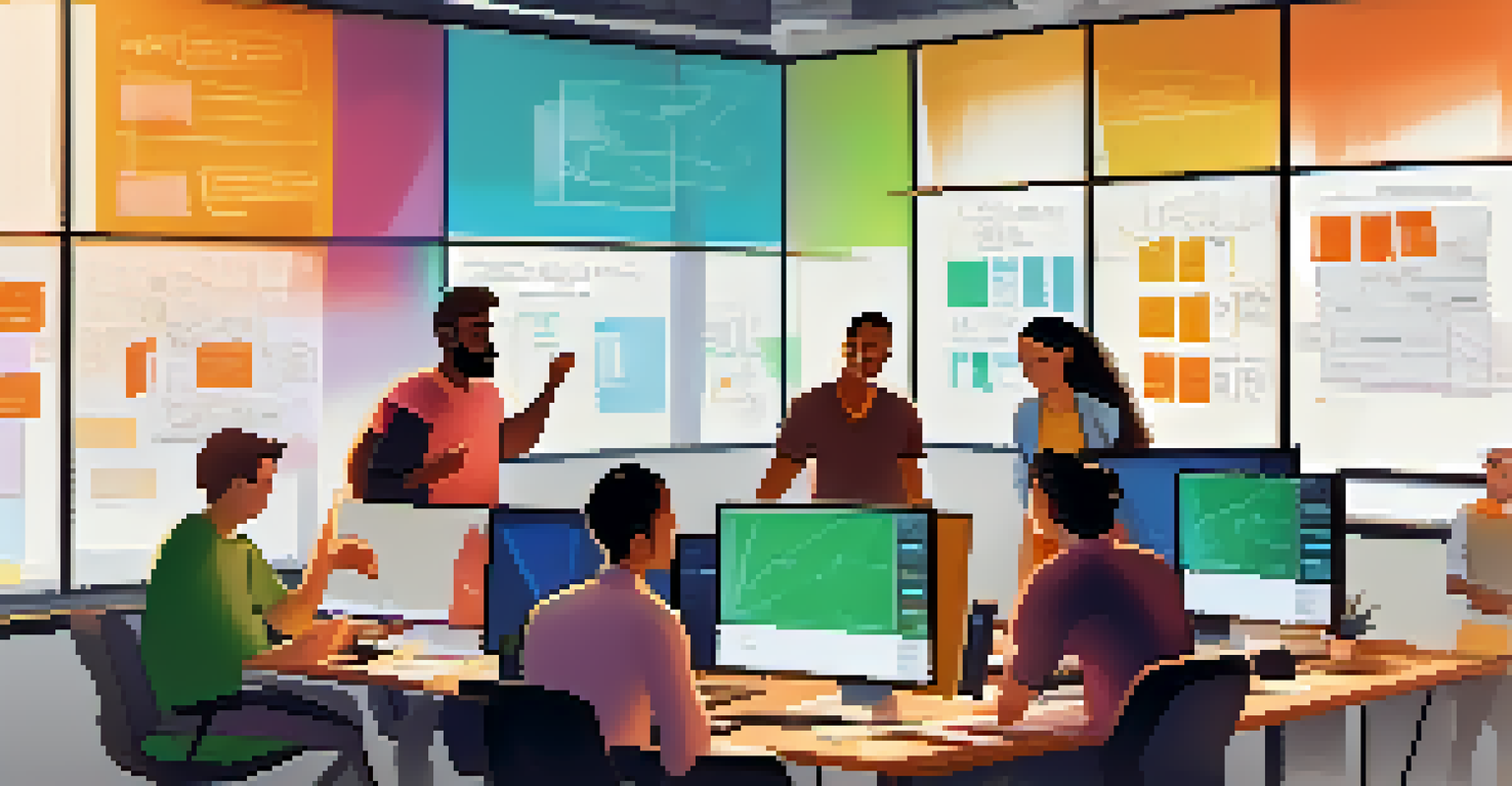 A diverse team of software developers collaborating around a monitor in a bright office.