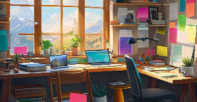 A cozy home office with a laptop showing a leaderboard, colorful sticky notes, and sunlight streaming through a window.