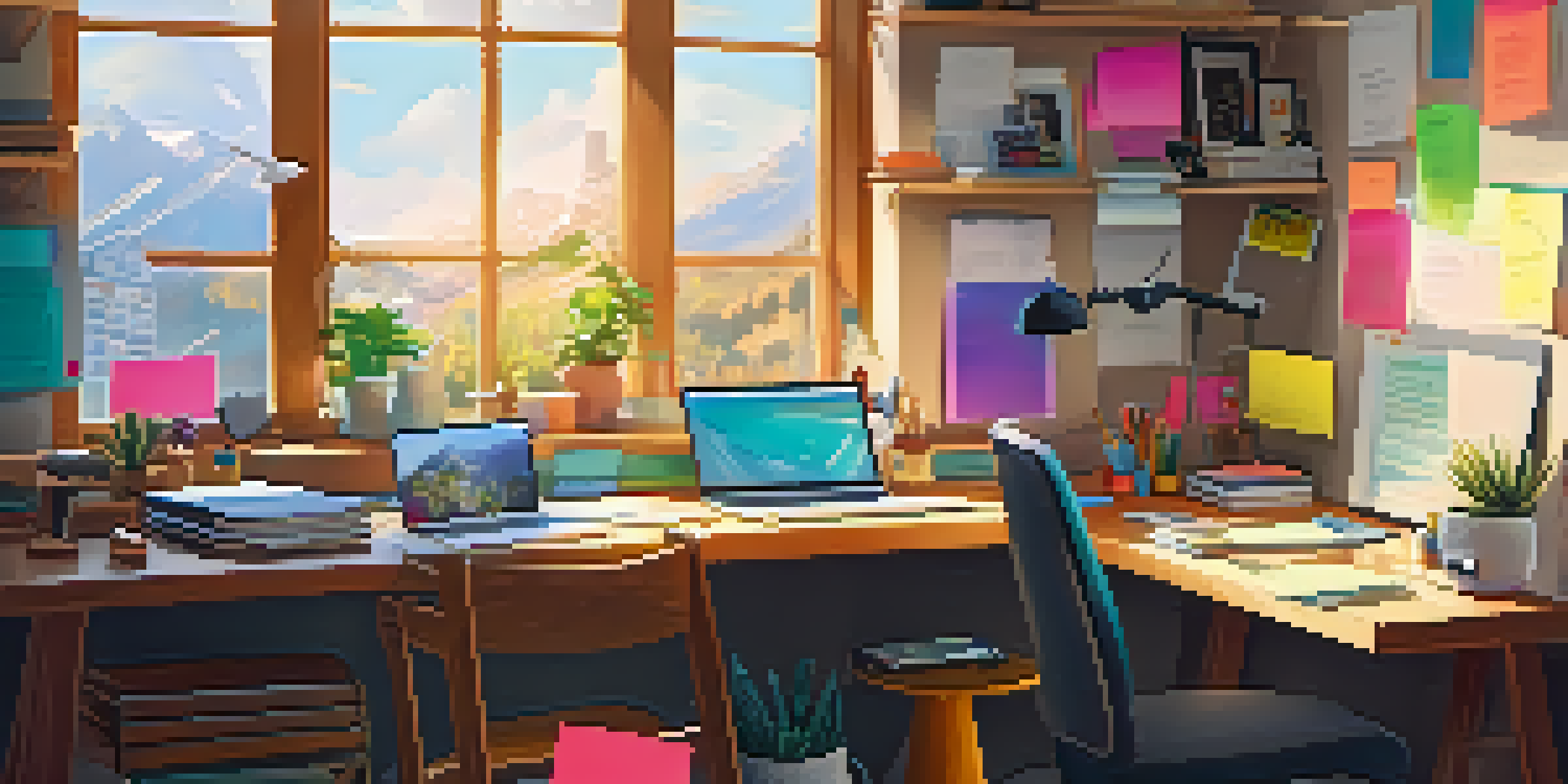 A cozy home office with a laptop showing a leaderboard, colorful sticky notes, and sunlight streaming through a window.