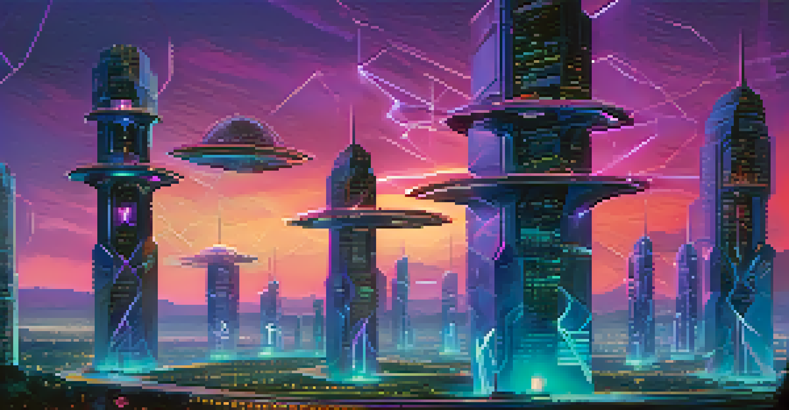 A futuristic city with quantum communication towers and neon lights in a twilight setting.