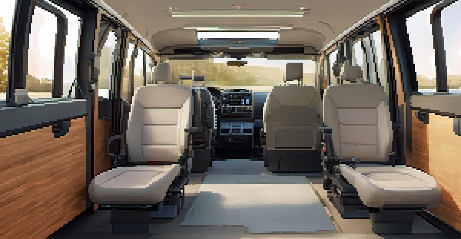 Inside a modern accessible vehicle showing spacious seating, wide aisles, and a designated wheelchair area, illuminated by soft natural light.