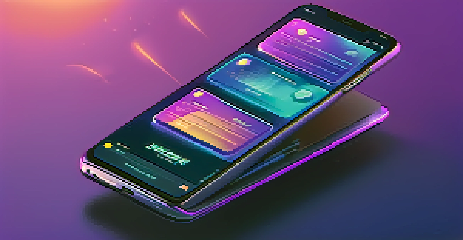 A smartphone screen displaying a digital wallet interface with cryptocurrencies and transaction history, set against a purple and blue gradient background.