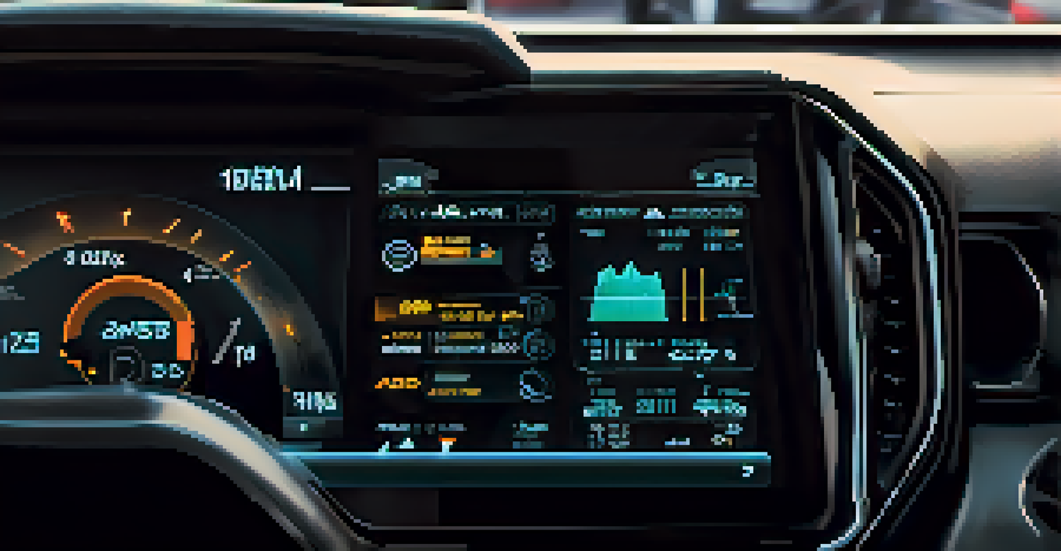 Close-up of an OBD device on a vehicle's dashboard, displaying metrics like fuel efficiency and engine health in a modern vehicle interior.