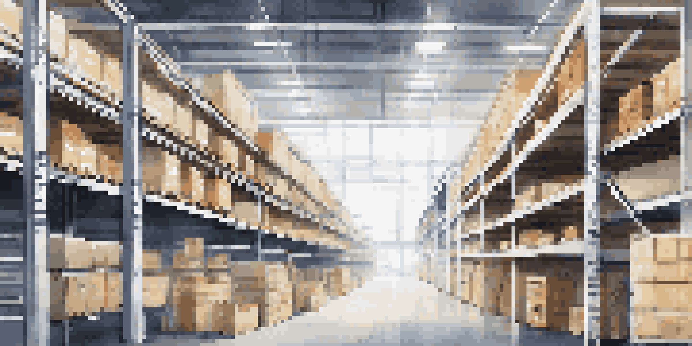 A modern warehouse with IoT sensors on shelves, showing organized products and digital stock level displays in bright natural light.