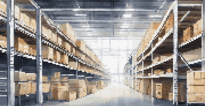 A modern warehouse with IoT sensors on shelves, showing organized products and digital stock level displays in bright natural light.