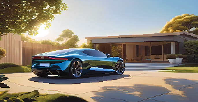 A modern car in a driveway with digital overlays showing its features in a warm sunset light.