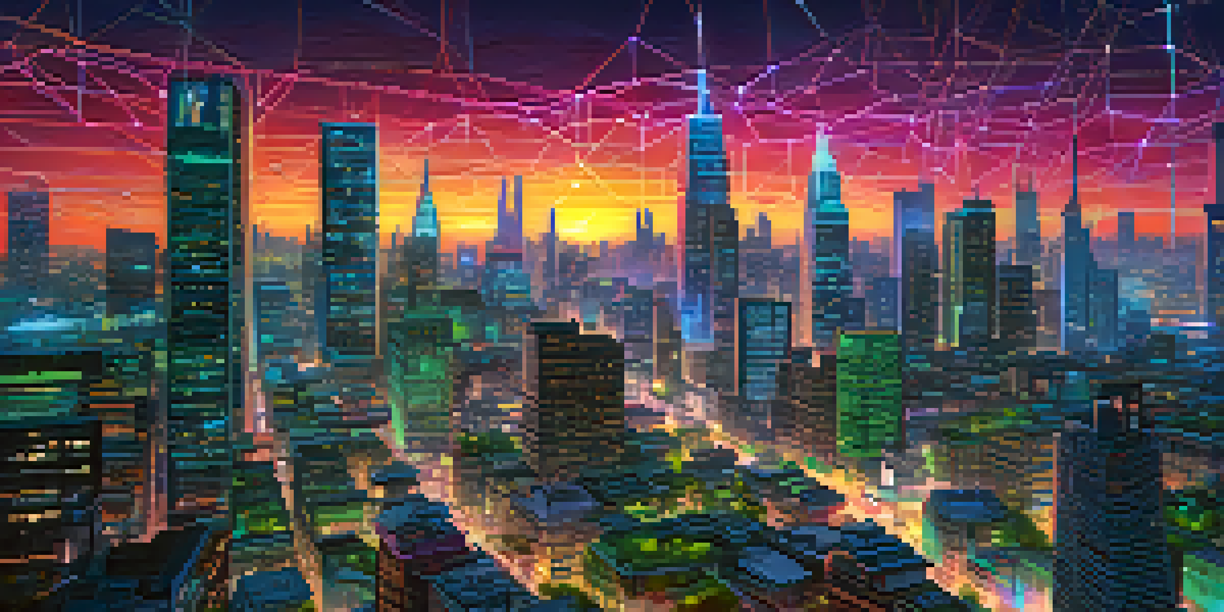 A vibrant futuristic city with neon lights and a digital network symbolizing decentralized ledgers, featuring modern skyscrapers and a sunset.