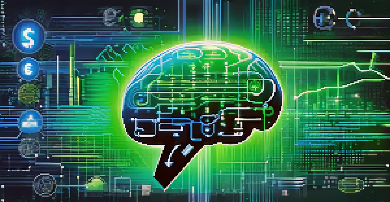 An abstract digital brain made of binary code and financial symbols against a gradient background representing technology and finance.