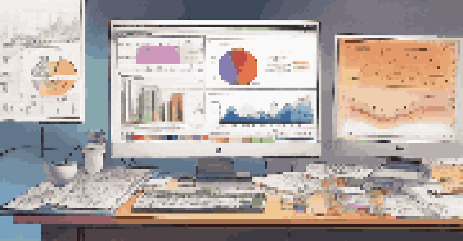 An analytical workspace featuring a computer with colorful data visualizations, cluttered with notebooks, pens, and a coffee cup, illuminated by soft overhead lighting.