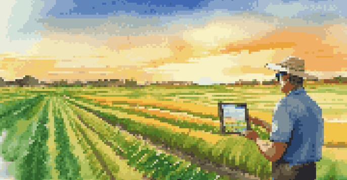 A farmer in a green field wearing AR glasses, observing data overlays about crop health with a sunset in the background.