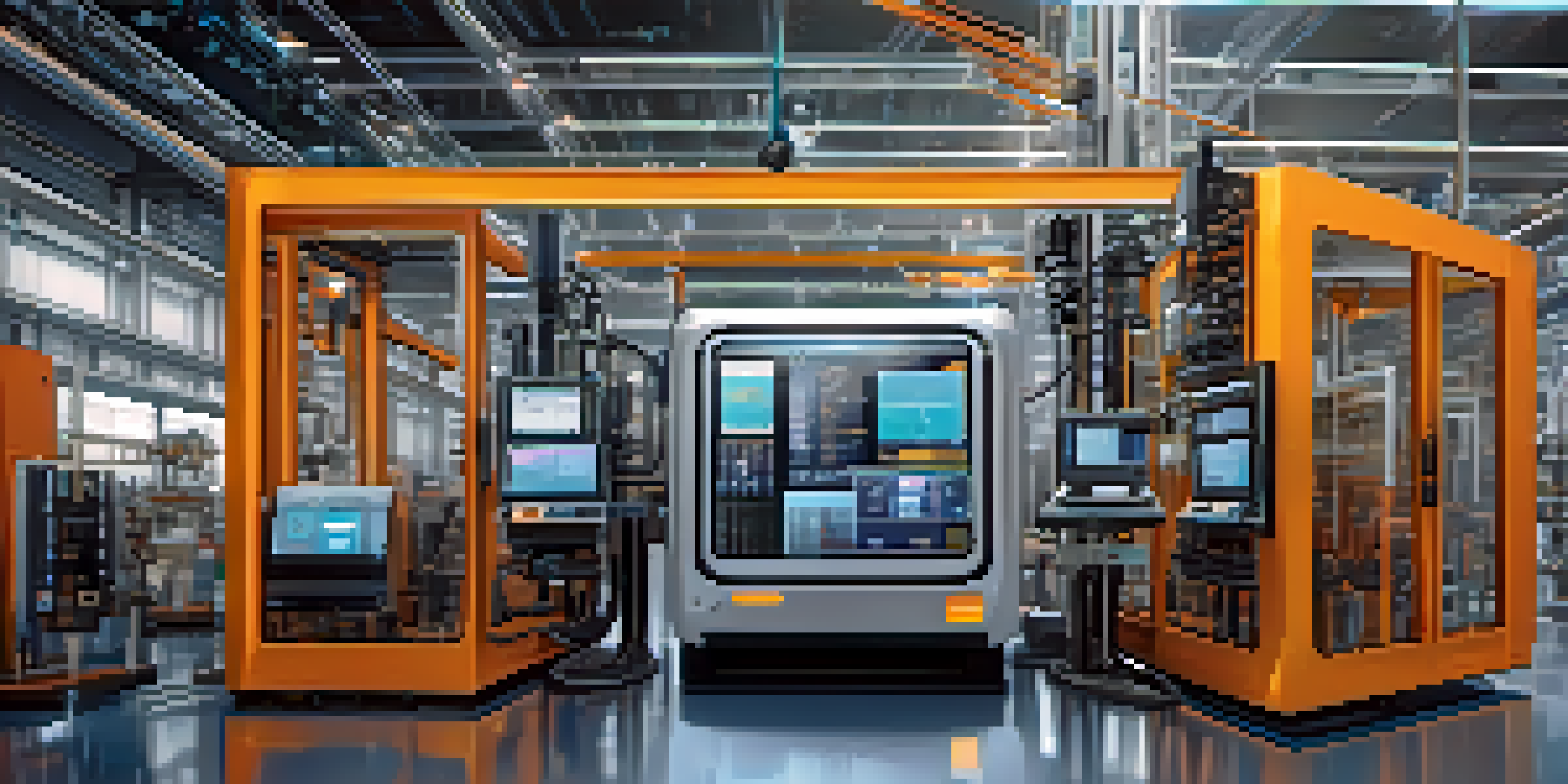A smart factory with machinery and digital interfaces, illuminated by soft lighting.