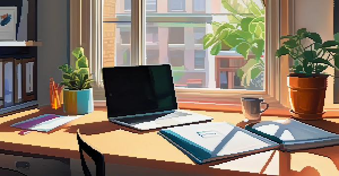 A well-organized workspace with an open laptop, colorful stationery, a steaming cup of coffee, and a potted plant under natural light.