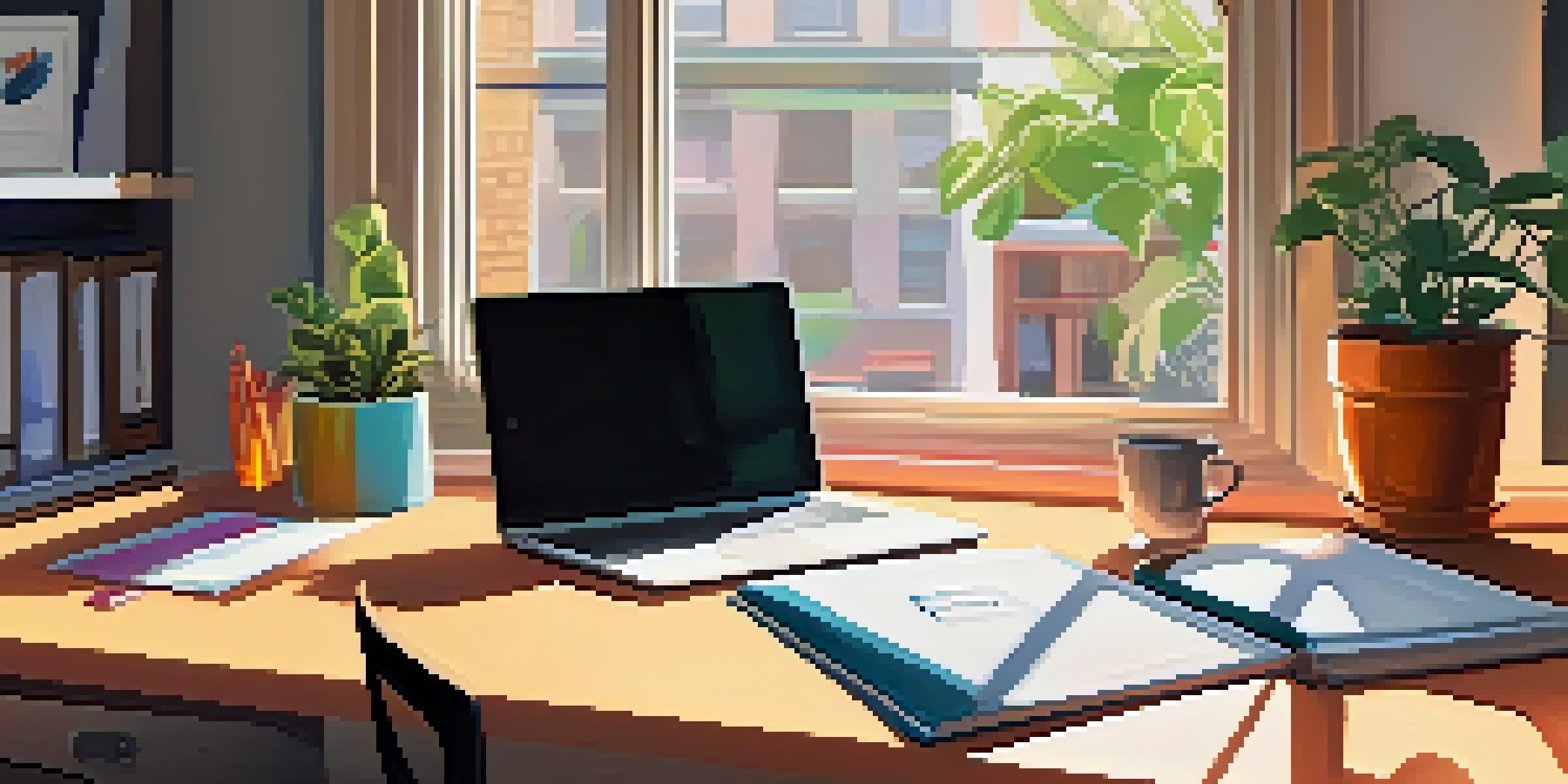 A well-organized workspace with an open laptop, colorful stationery, a steaming cup of coffee, and a potted plant under natural light.