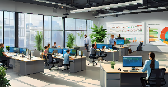 A diverse group of IT professionals working together in a bright office, surrounded by charts and plants.