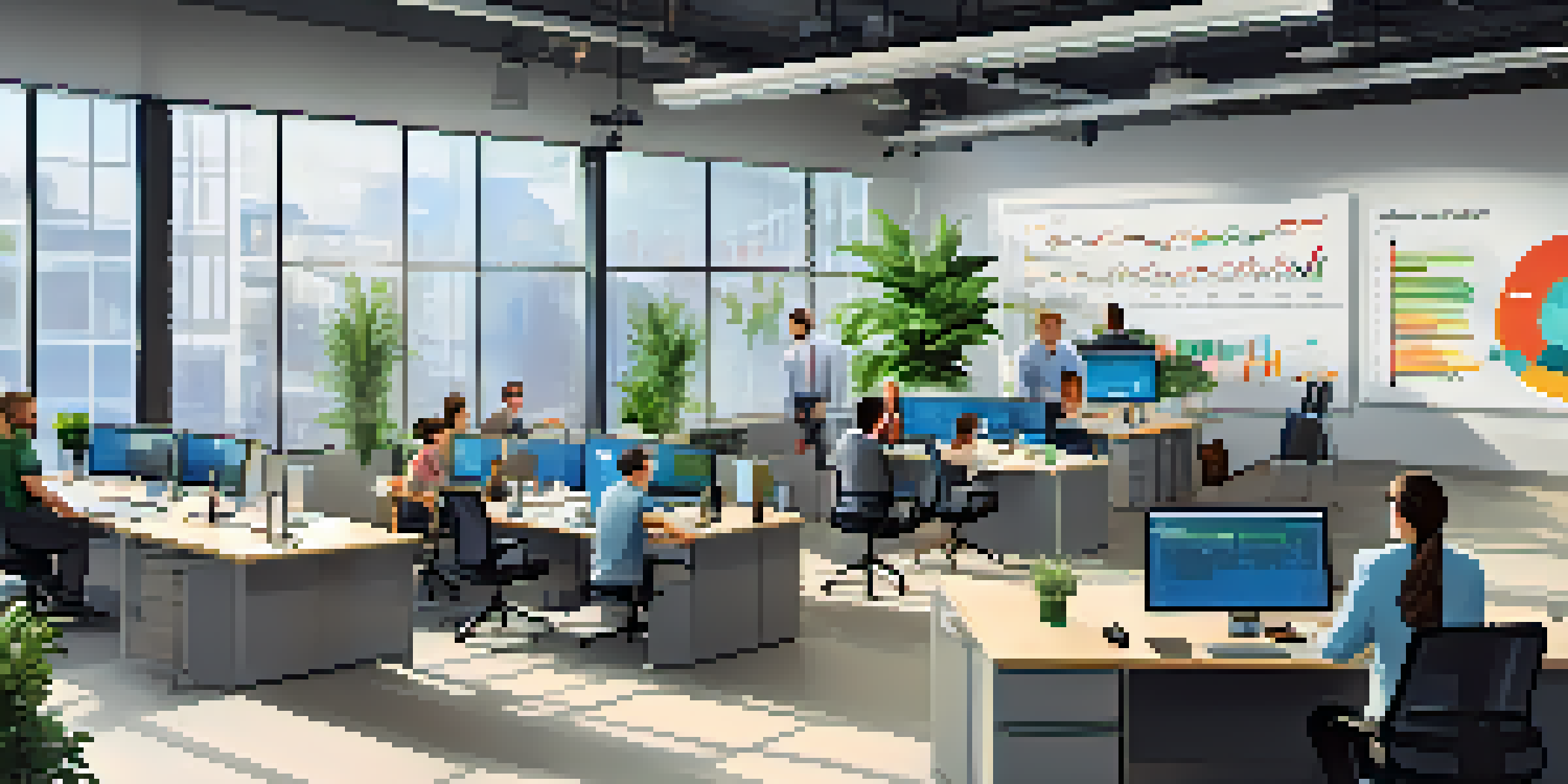 A diverse group of IT professionals working together in a bright office, surrounded by charts and plants.