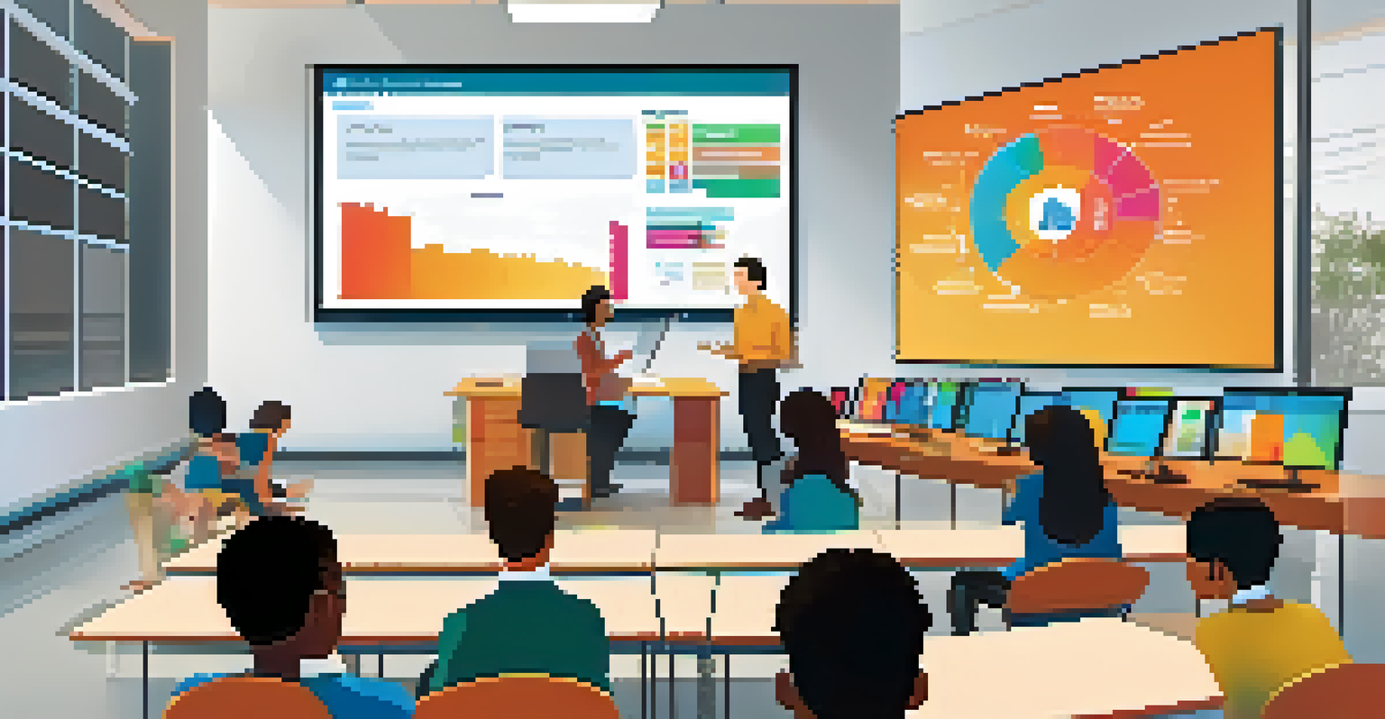 A young male teacher presenting data insights on a screen in a modern classroom, with students seated and engaged.