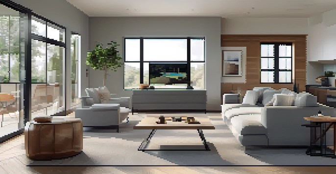 A modern living room with a smart home security setup, including a smart camera and a laptop showing a home security app.