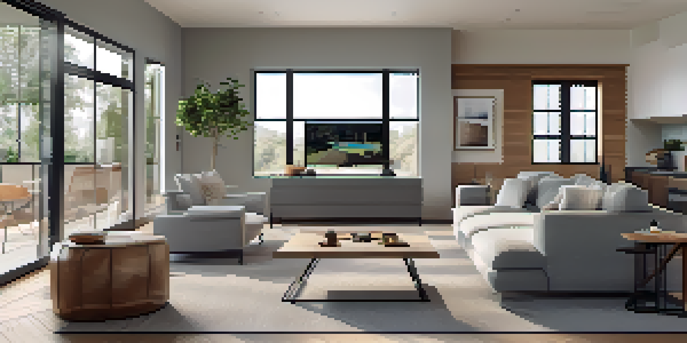 A modern living room with a smart home security setup, including a smart camera and a laptop showing a home security app.