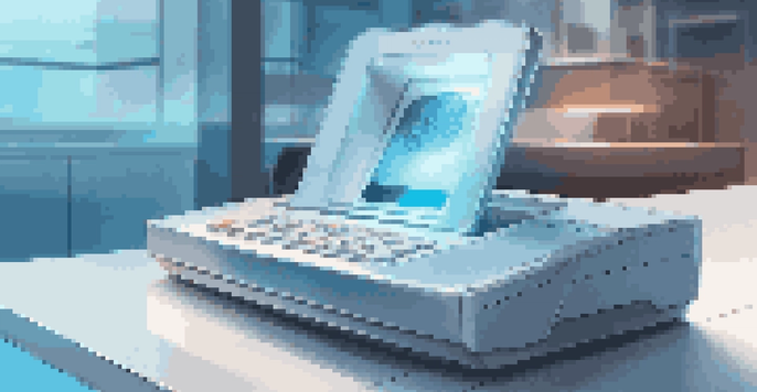 A high-tech biometric scanner with a fingerprint reader and facial recognition camera on a modern desk, glowing blue in a bright environment.