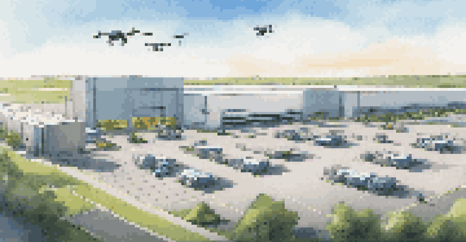 An outdoor logistics center with delivery trucks and drones flying overhead.