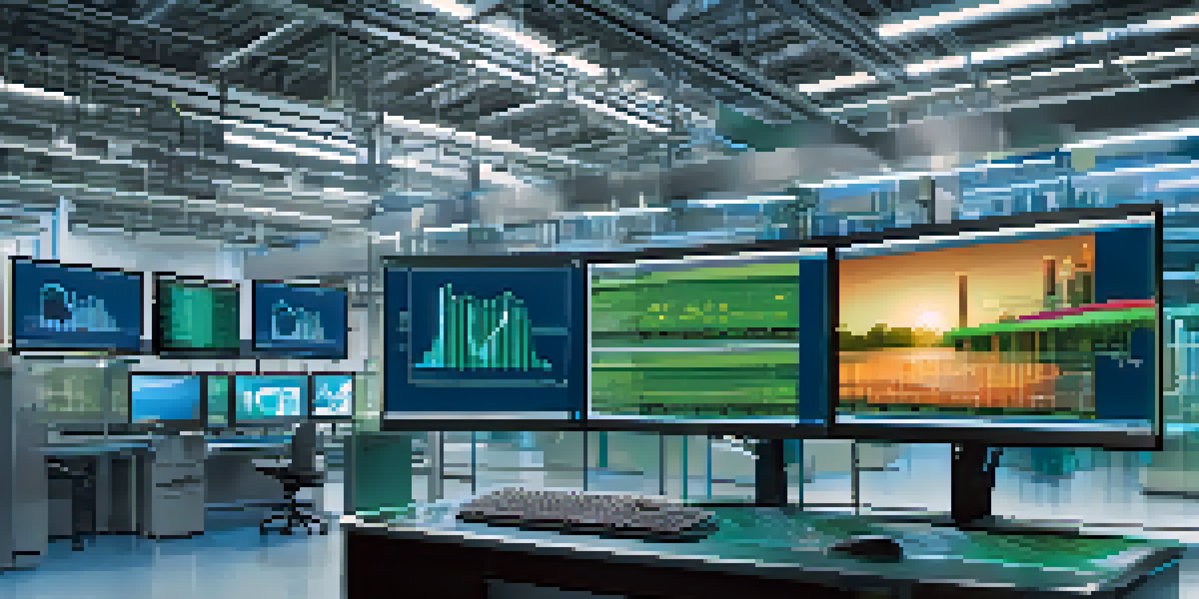 A split-screen image showing a physical manufacturing plant on one side and its digital twin on a computer screen on the other, with graphs and metrics displayed.