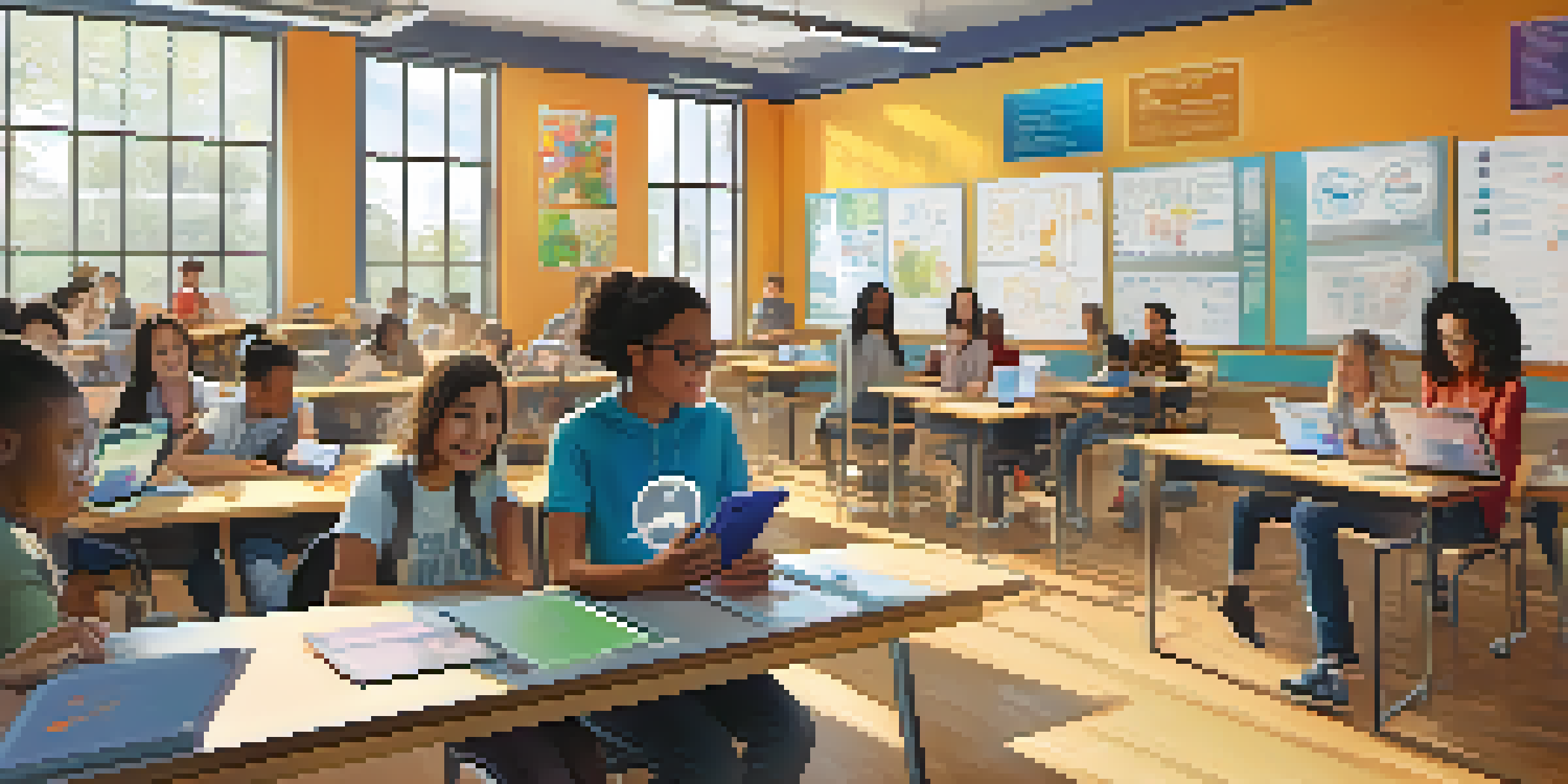 A bright classroom with diverse students using tablets and interactive technology, engaged in learning activities under the guidance of a teacher.