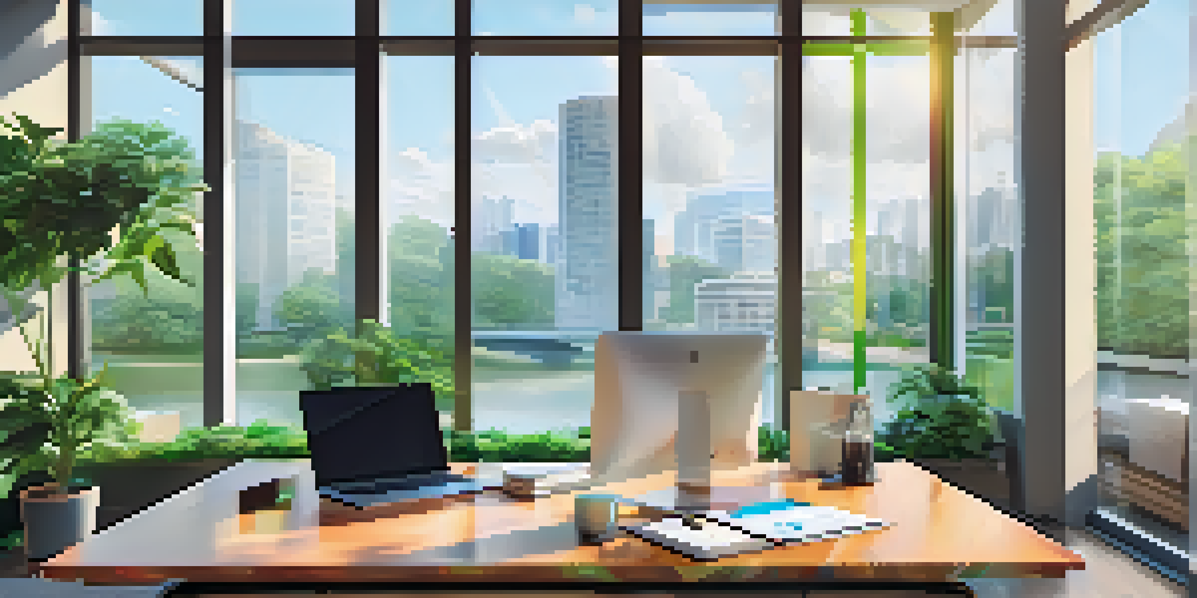 A modern office with a view of a park, featuring a desk with a laptop and coffee, surrounded by colorful charts and graphs.