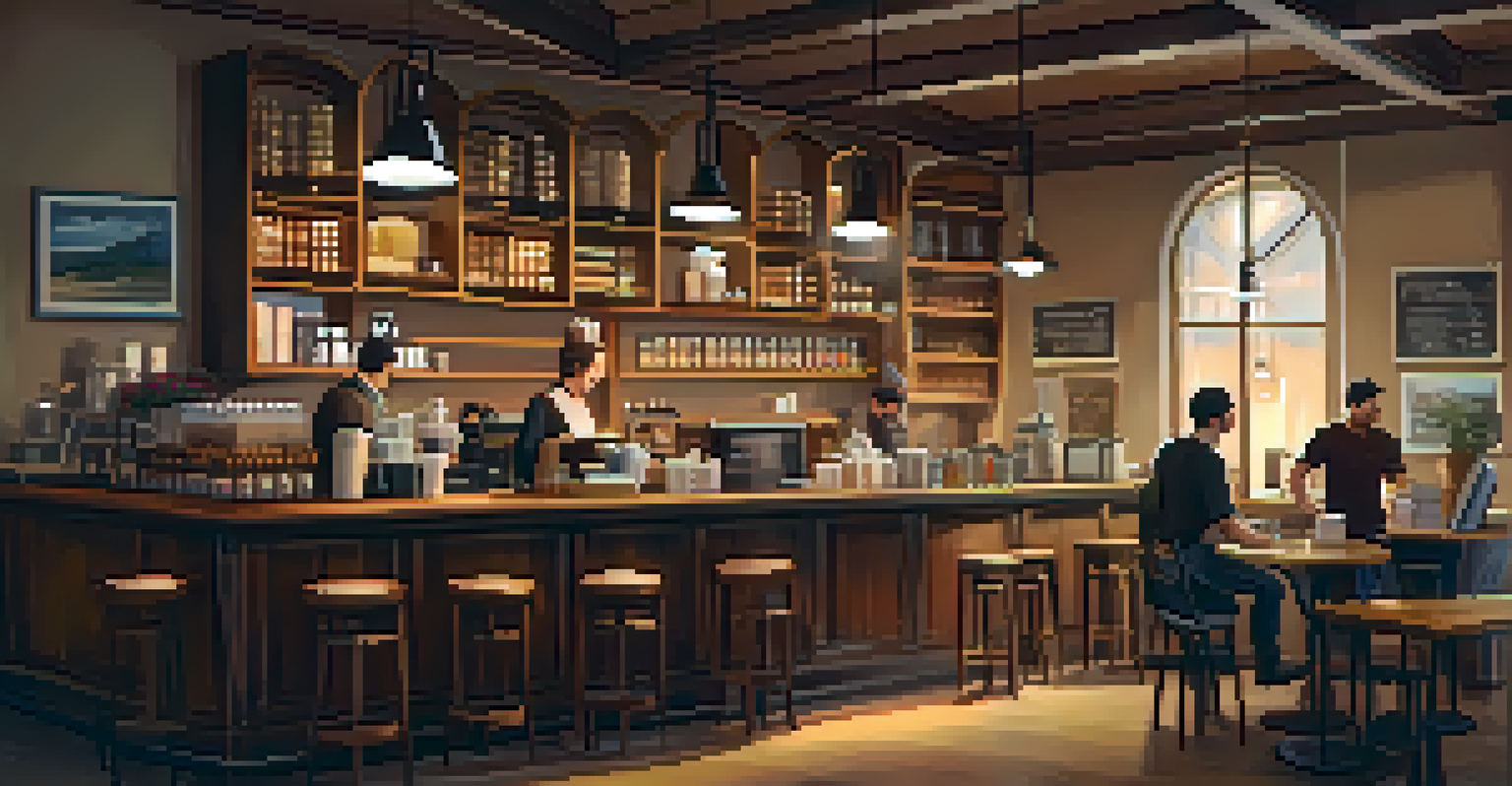 A warm and inviting coffee shop with wooden furniture and a barista preparing coffee.