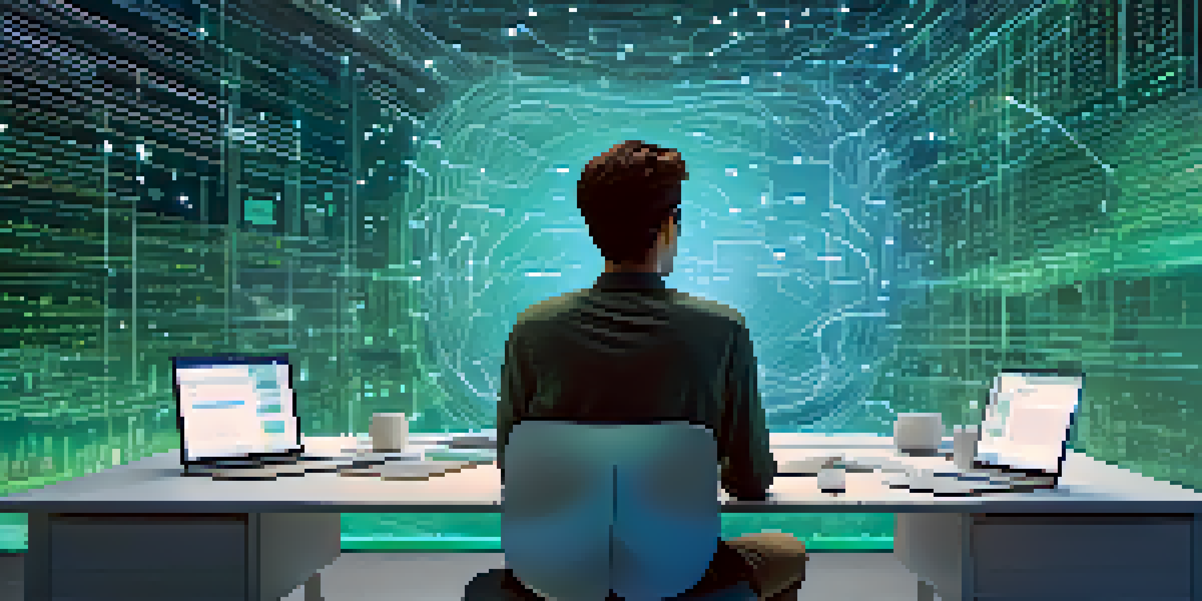 A user at a desk interacting with a holographic display of privacy settings, surrounded by floating data streams and privacy icons in a calming blue and green environment.