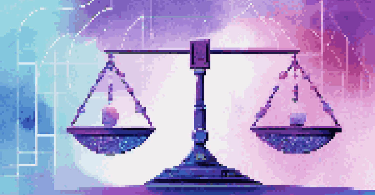 An abstract image of a balance scale representing ethical AI in finance, with digital elements and a blue-purple gradient background.