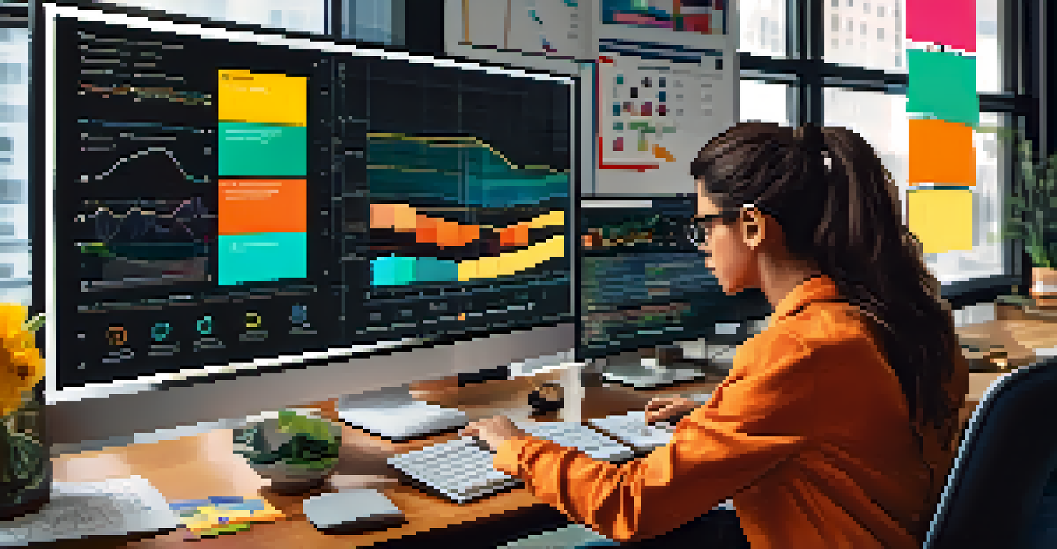 A close-up of a person looking at data quality metrics on a computer screen in a colorful workspace.