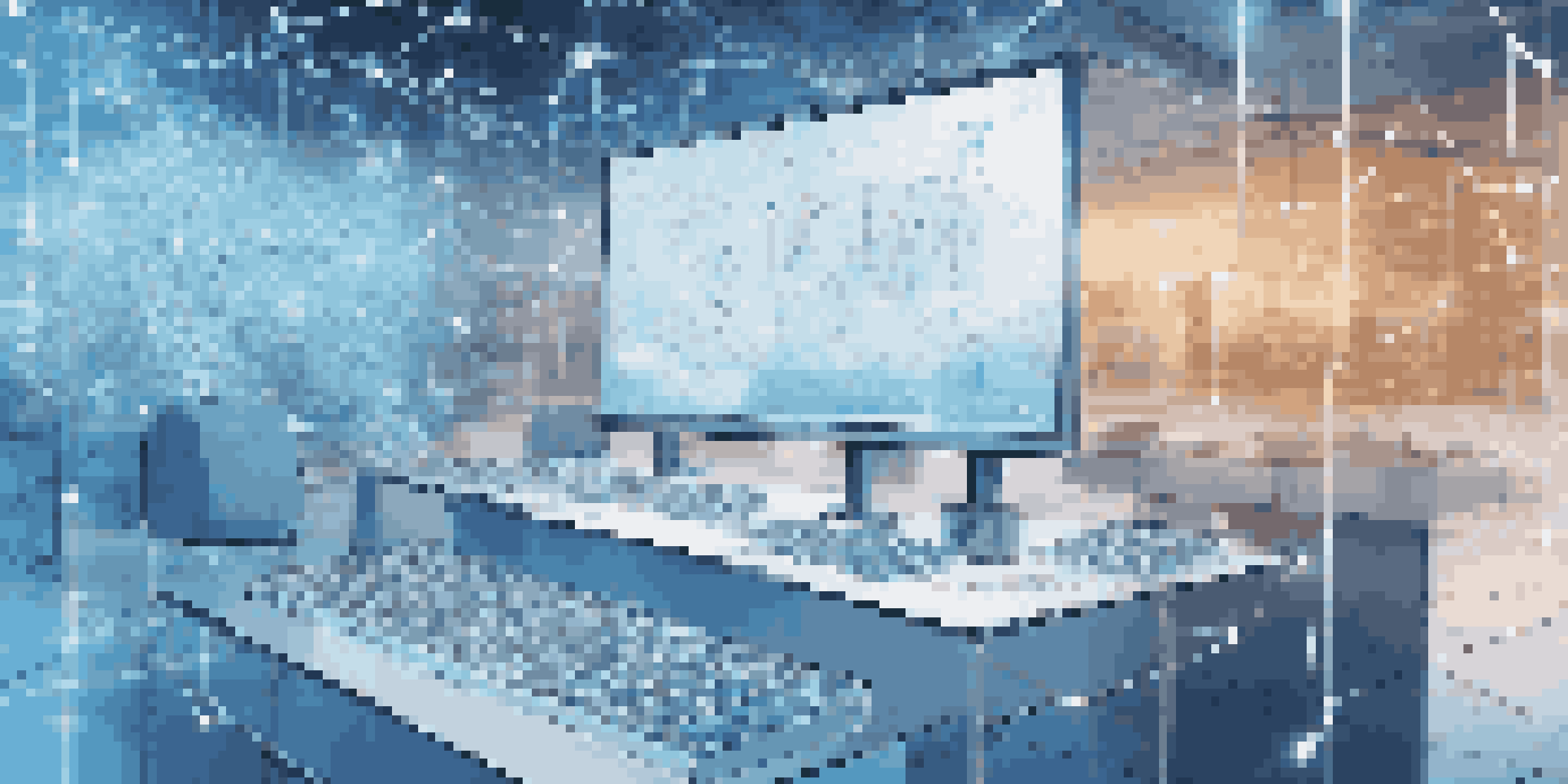 A close-up of a digital blockchain ledger on a screen with interconnected nodes and transactions, set in a modern office.