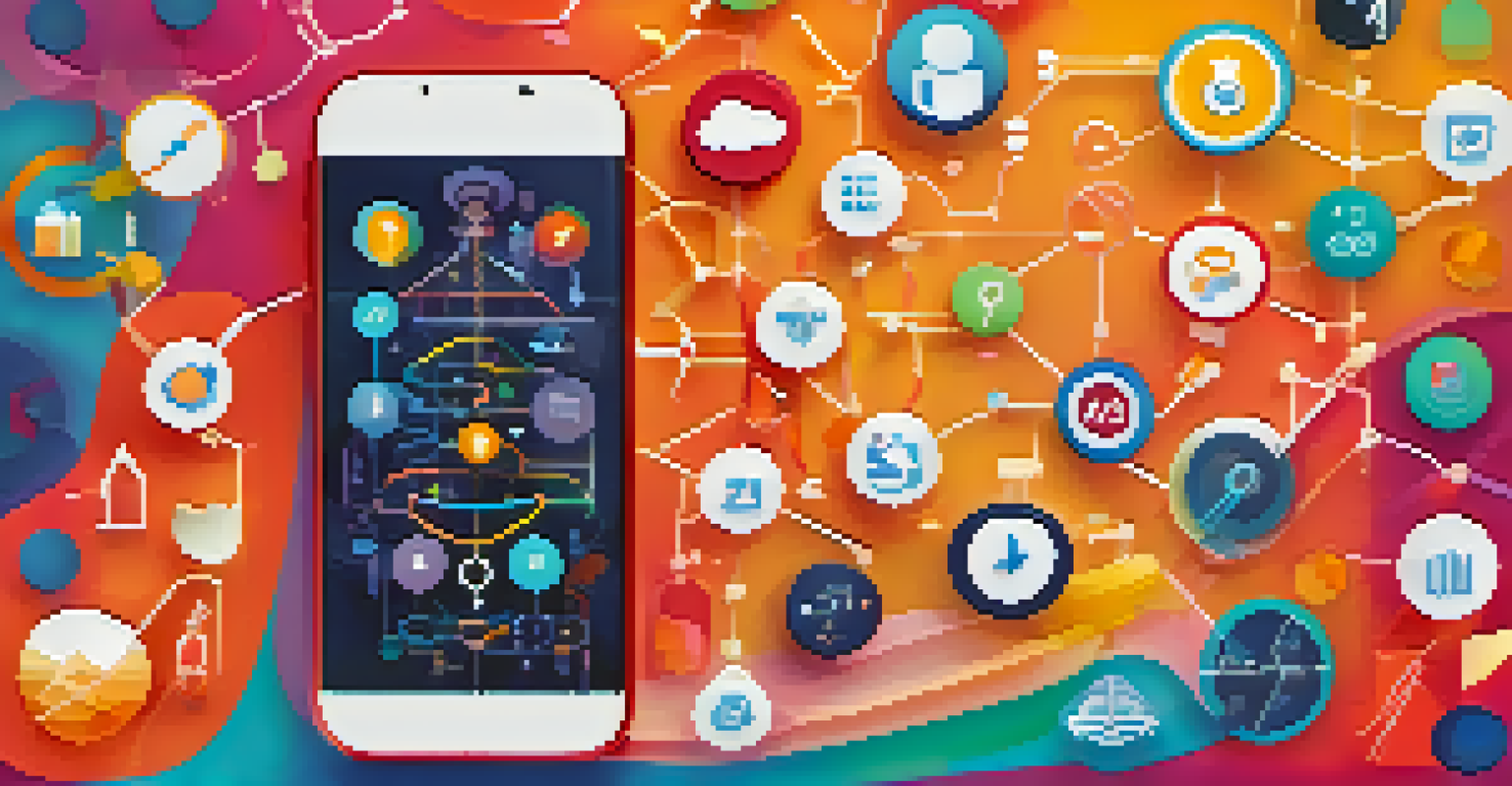 A smartphone screen filled with colorful health app icons against an abstract background.