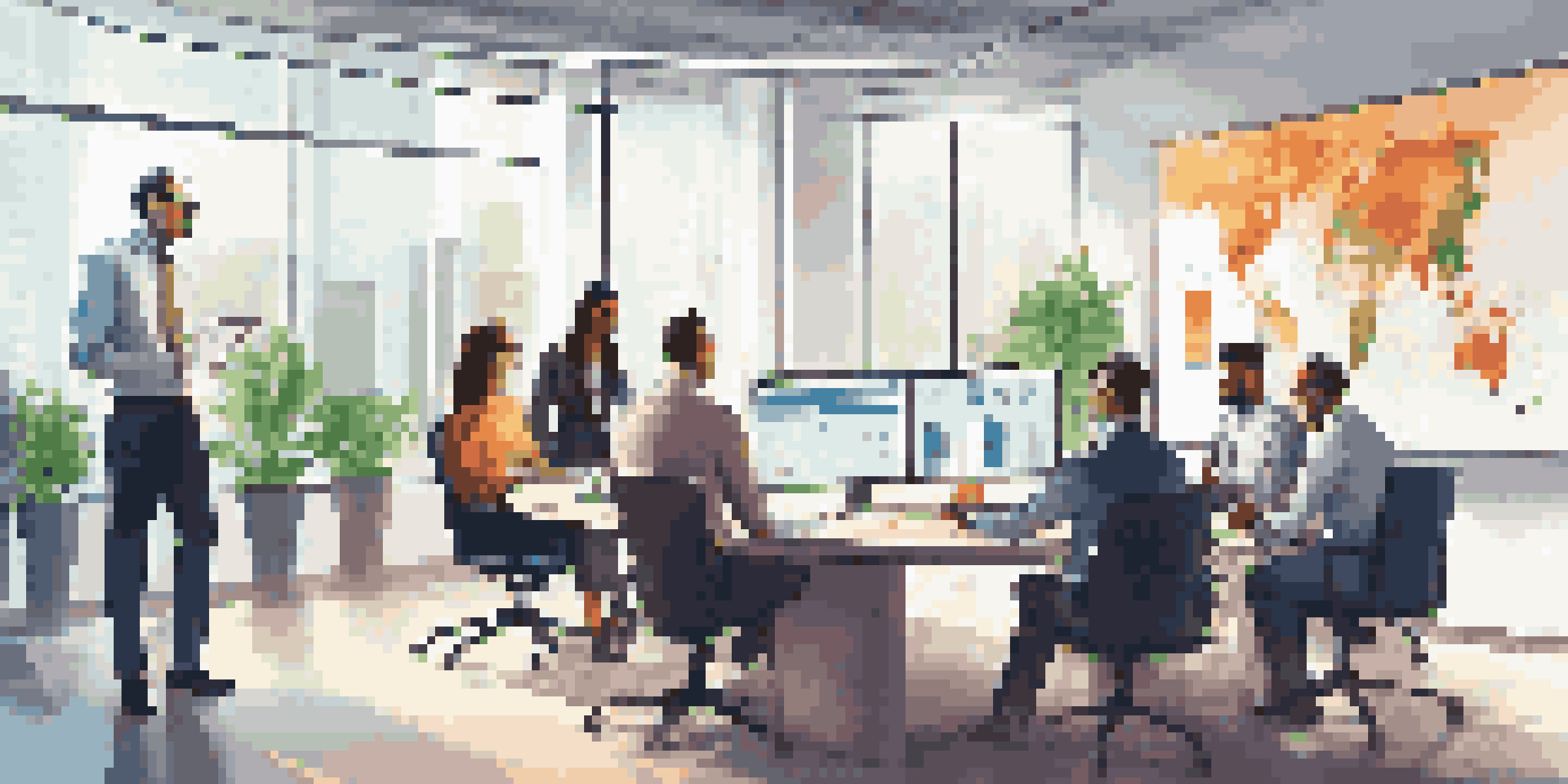 A diverse team of professionals in a well-lit office discussing third-party risk management, with a large screen displaying data and graphs.