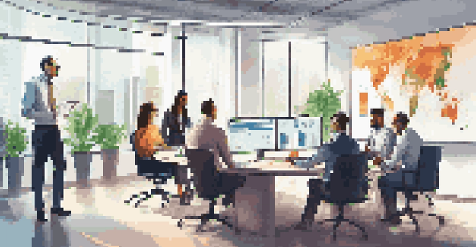 A diverse team of professionals in a well-lit office discussing third-party risk management, with a large screen displaying data and graphs.