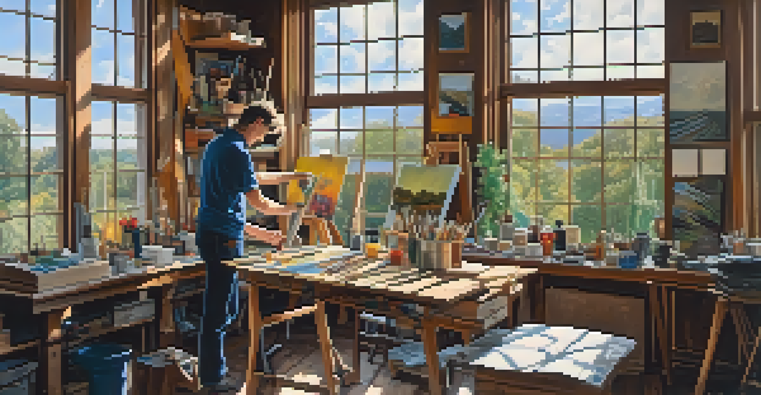 An artist's studio where artists are engaged in painting and sculpting, filled with natural light and colorful materials.