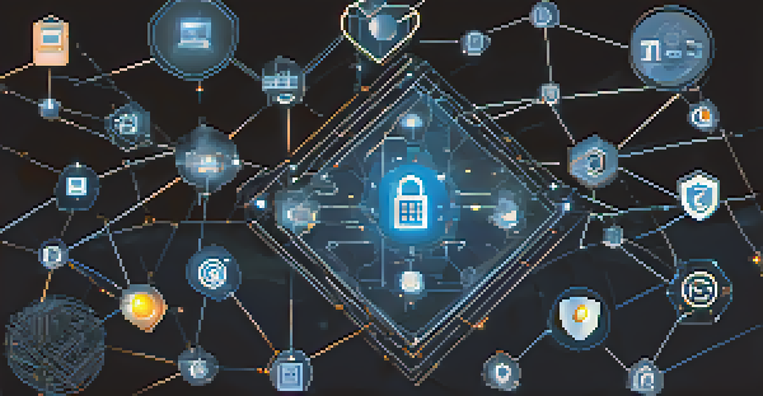 An abstract representation of cybersecurity threats with digital symbols on a dark blue background.