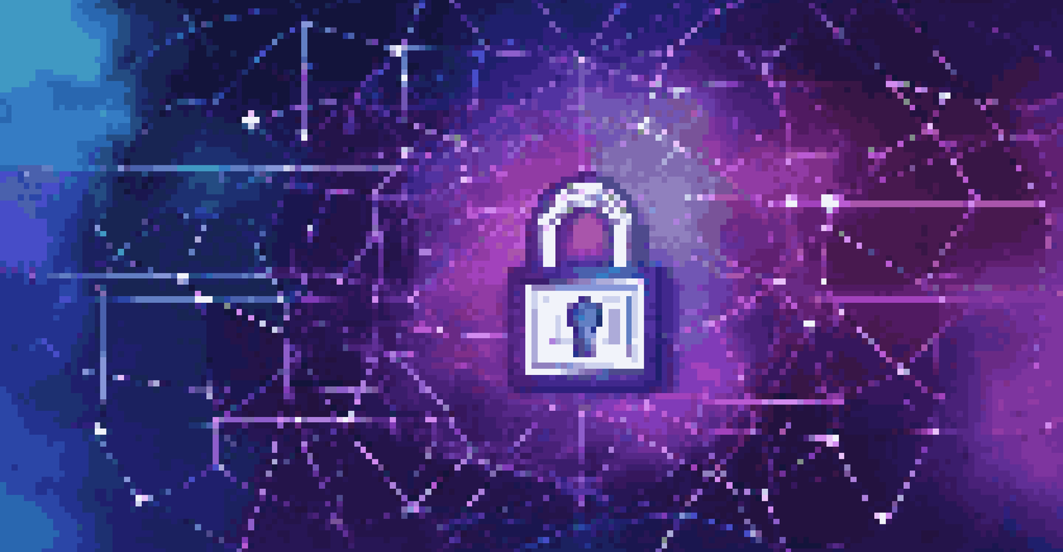 An abstract digital security image with a glowing lock symbol and a network of lines.