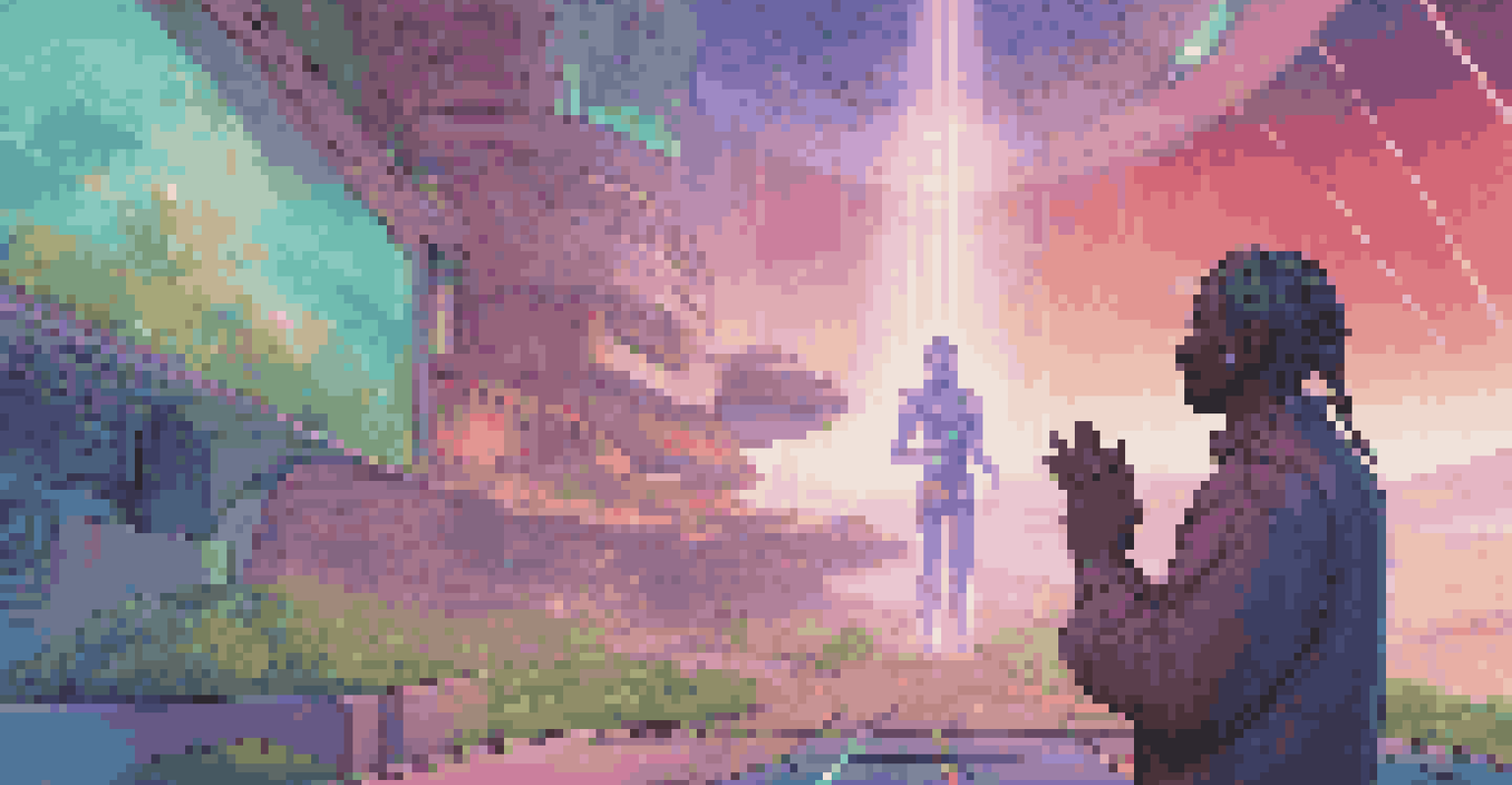 A futuristic NPC interacting with a player, surrounded by a lush landscape and holographic quest information.