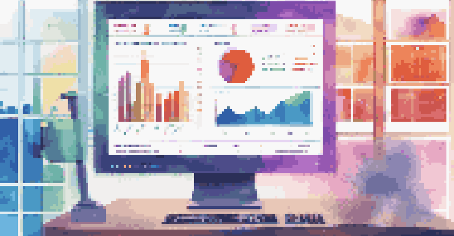 A computer screen showing a colorful dashboard of real-time analytics with graphs and metrics in a busy office background.