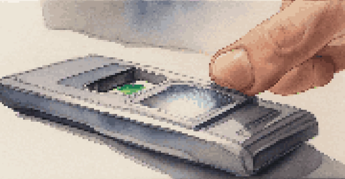 A close-up view of a fingerprint scanner being used with a finger touching the sensor, set against a softly blurred background.