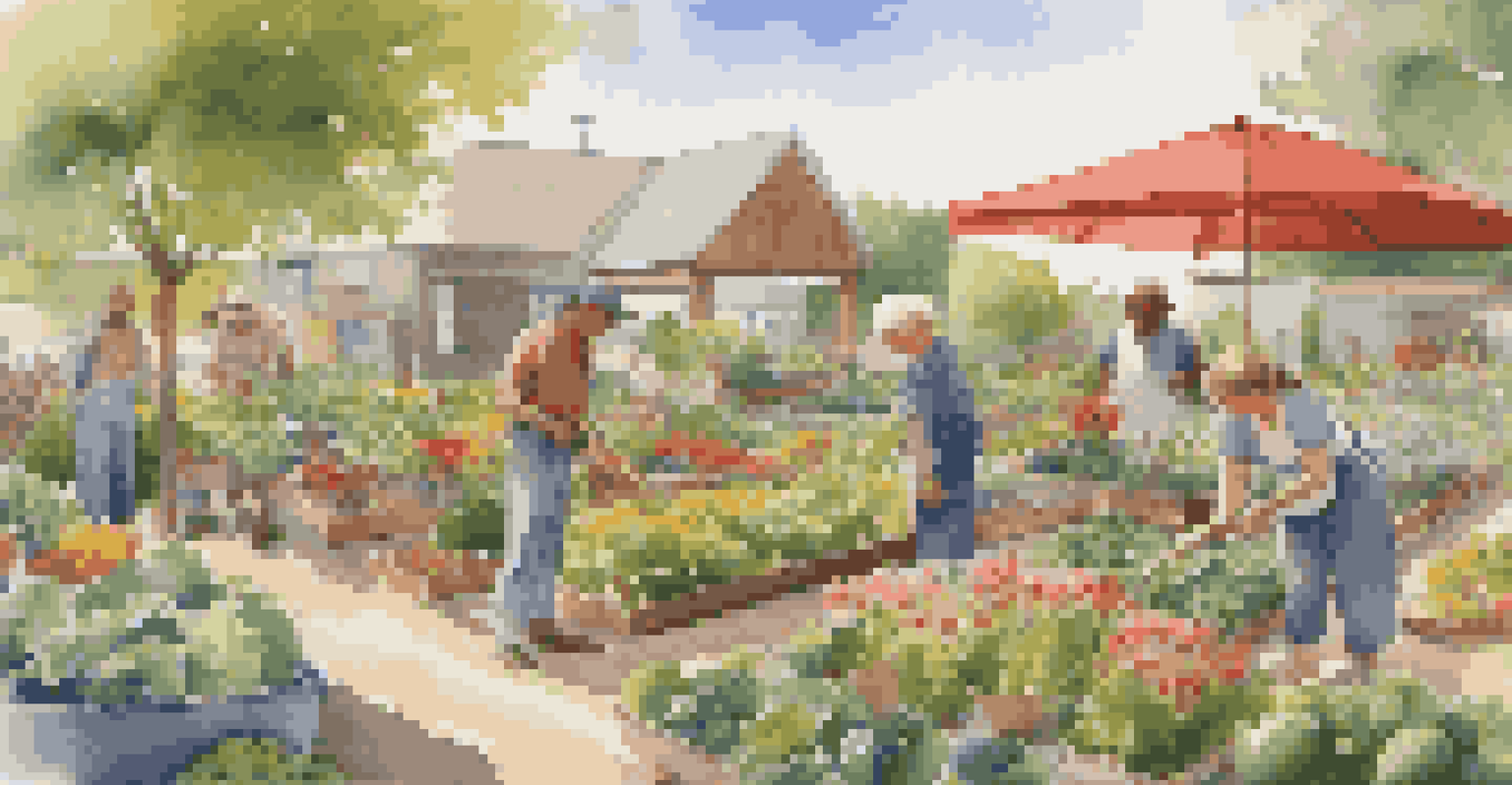 A community garden with people caring for their plants in a sunny environment.