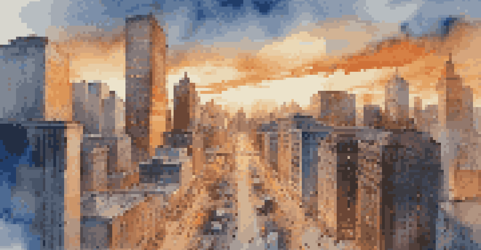 A cityscape at sunset, showcasing skyscrapers and busy streets.
