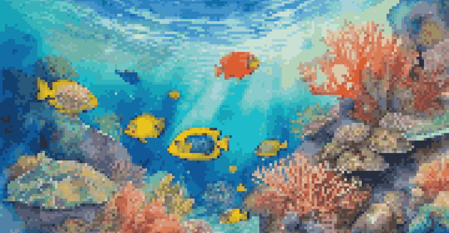 An underwater coral reef bustling with colorful fish and a sea turtle, illuminated by sunlight from the surface.