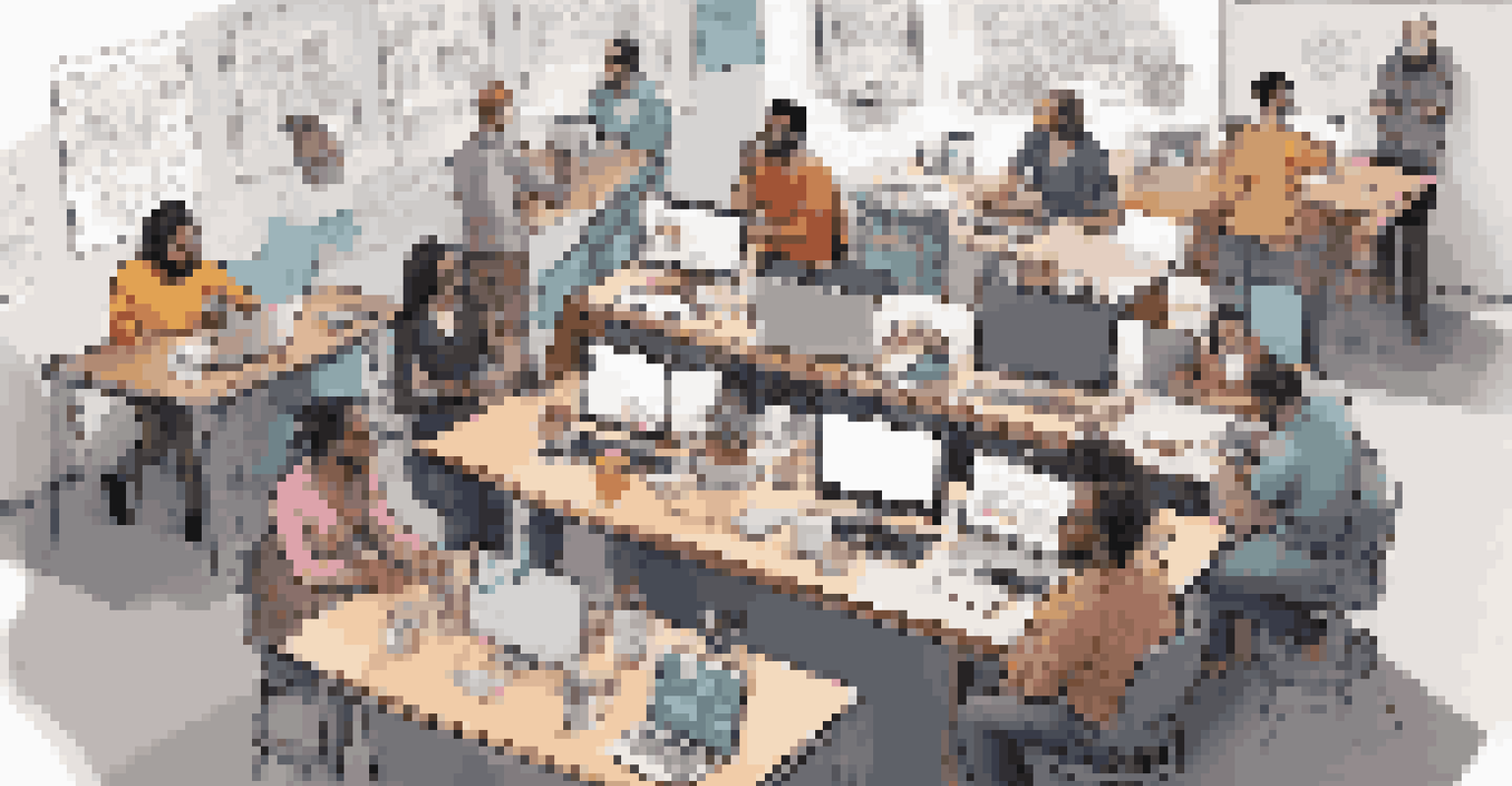A diverse team of developers collaborating around a table with laptops and sketches in a bright room.