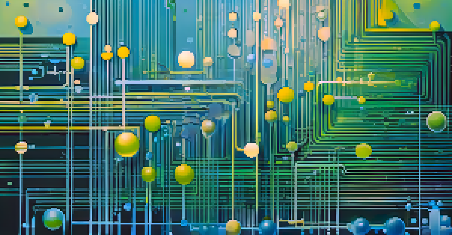 An abstract representation of data flow with colorful lines and shapes on a blue and green gradient background.