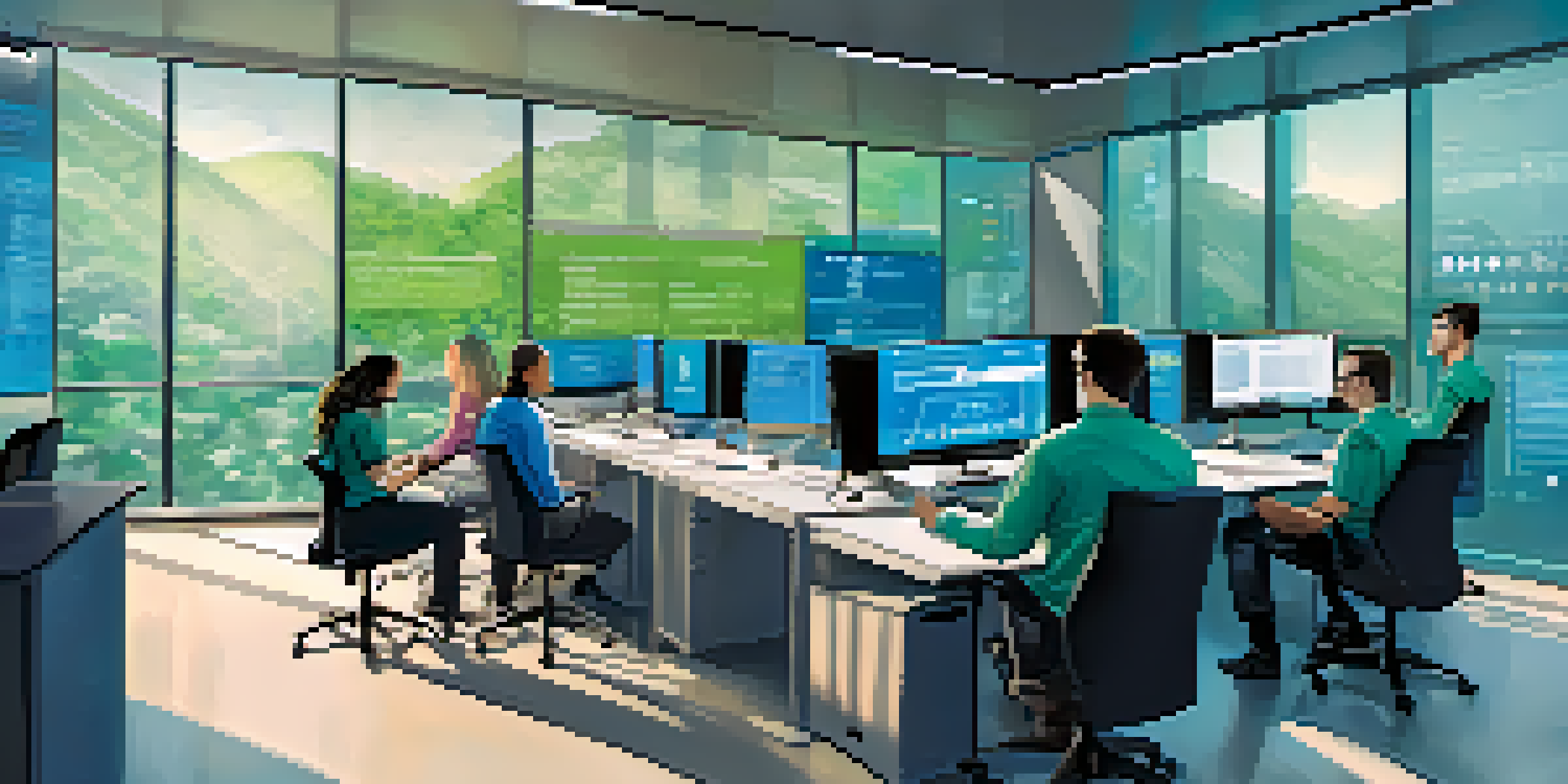 A diverse group of employees in a bright office attending a cybersecurity training session with a large screen displaying statistics.